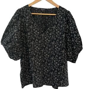 Madewell Plus Puffed Sleeve Poplin Black & White Floral V-Neck Top Size XXL